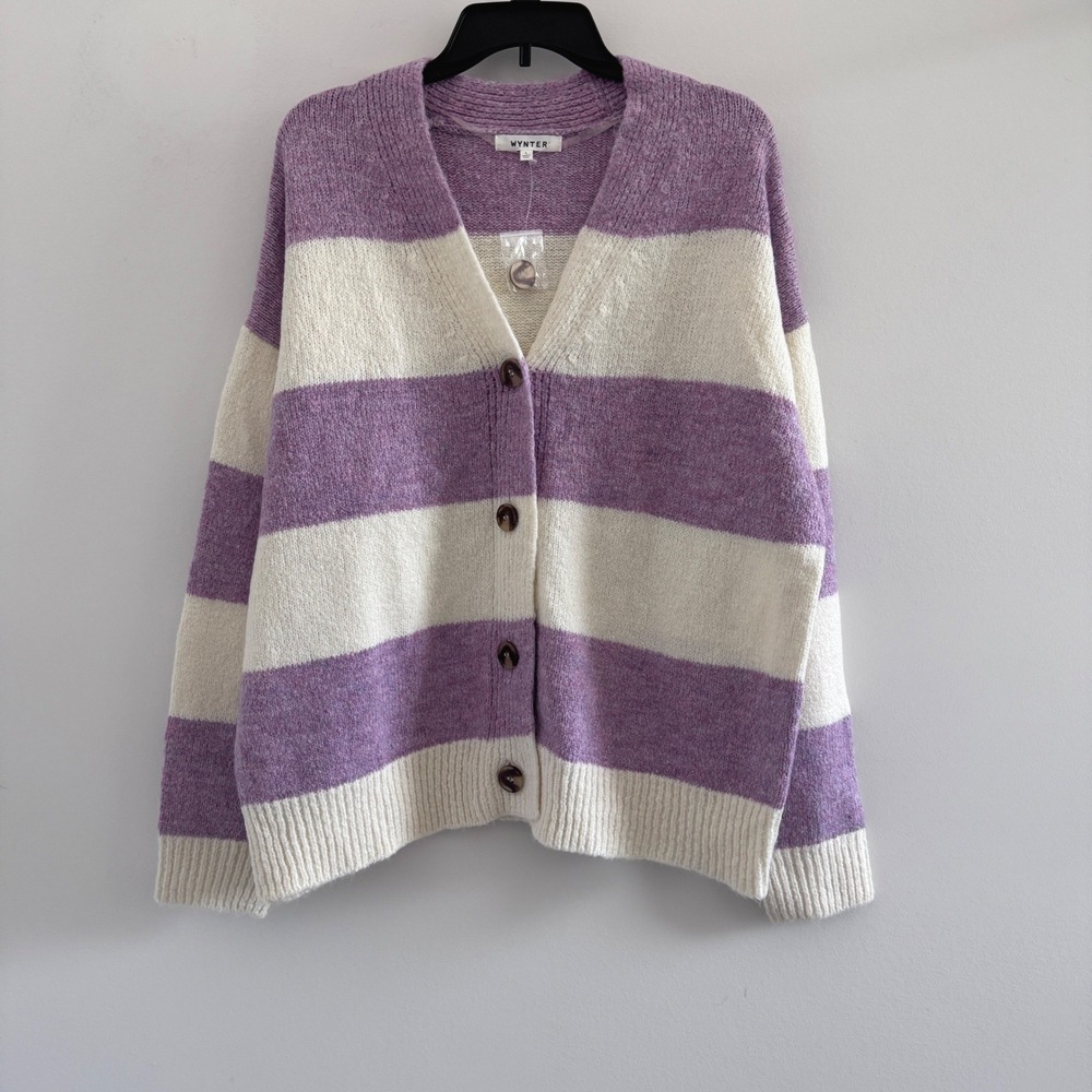 Wynter Cardigan Button Down Women Large Purple Striped Oversized Knit
